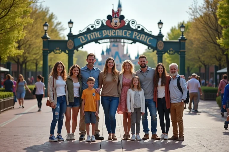 Groupe divers d'adultes et enfants devant l'entrée de Disneyland