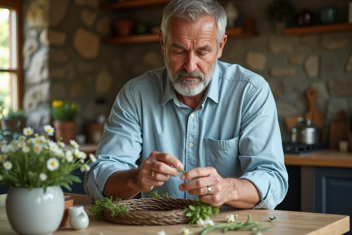 Homme créant une couronne de marguerites dans une cuisine chaleureuse