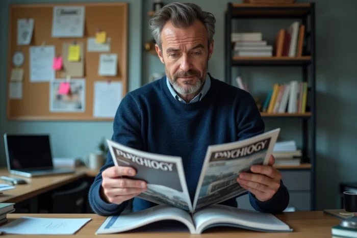 Homme comparant deux numéros de magazine de psychologie dans un bureau à domicile organisé