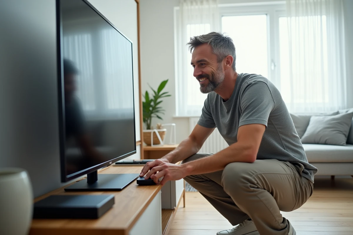 Homme connectant un appareil HDMI à une télévision dans une pièce moderne