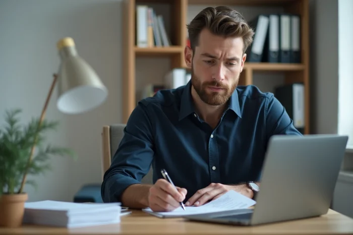 Un homme effectuant sa déclaration fiscale en ligne avec des chèques CESU posés sur son bureau à domicile