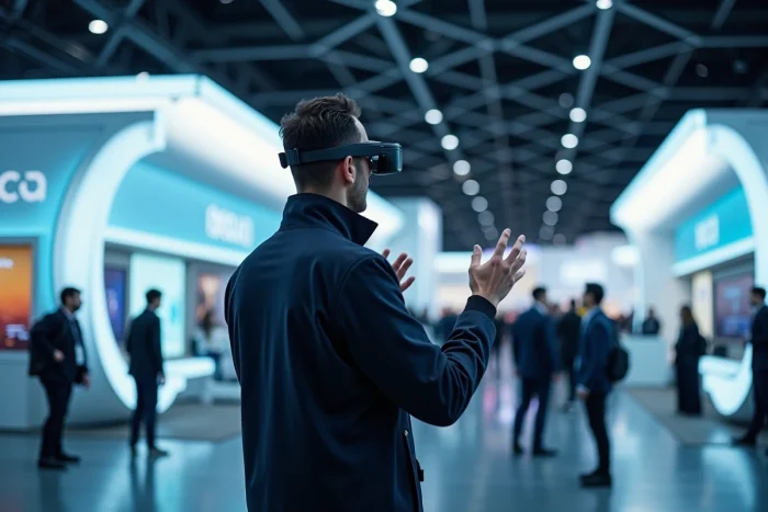 Uomo che prova occhiali di realtà aumentata in una fiera di innovazione tecnologica