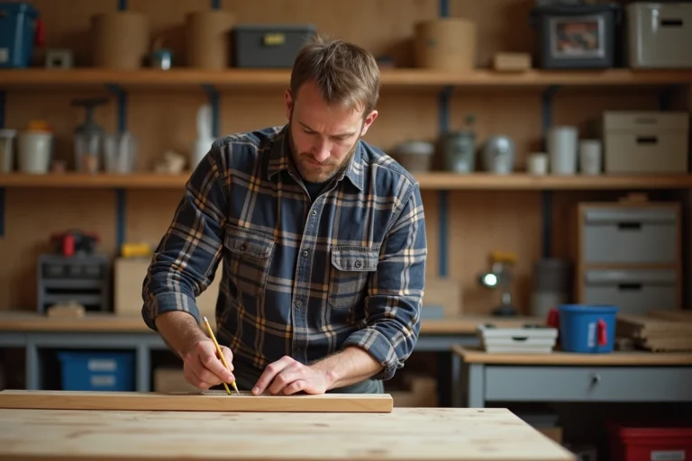 Homme mesurant une planche en bois dans un atelier organisé