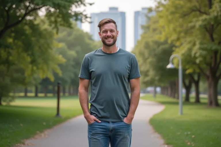 Homme confiant dans un parc urbain en transformation