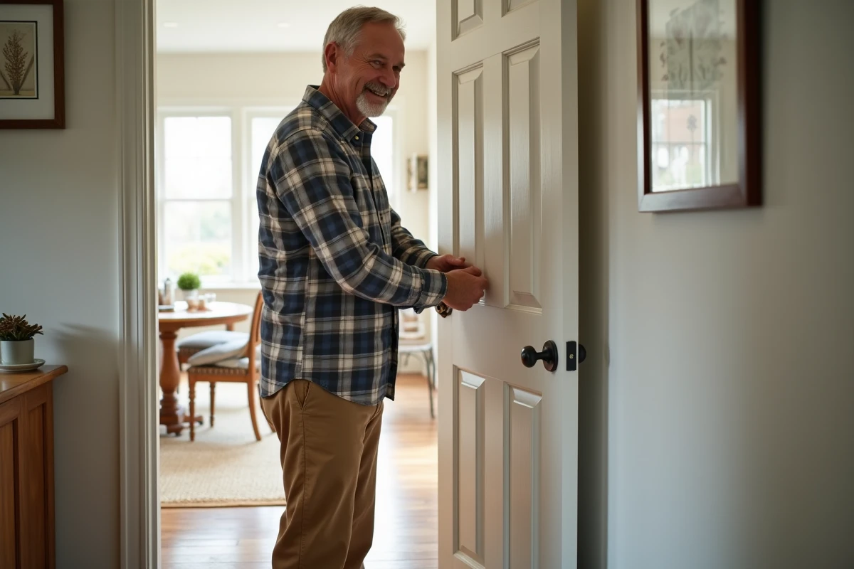 Homme fixant une nouvelle poignée de porte dans l