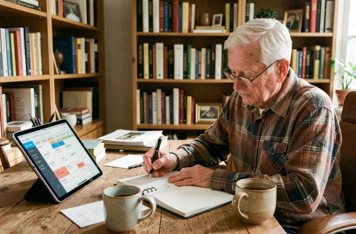 Homme senior autonome gère son agenda quotidien à domicile grâce à un outil de planification numérique