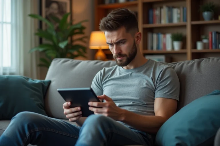 Jeune homme concentré sur une erreur Freebox dans un salon