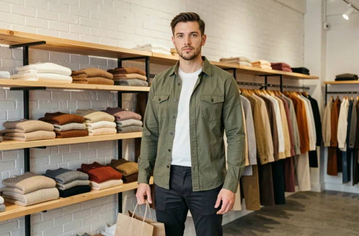 Homme tendance dans une boutique de mode moderne tenant un sac shopping élégant devant un portant de vêtements