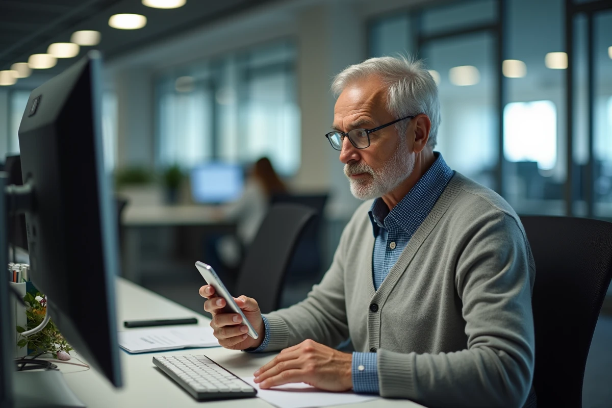 Homme concentré utilisant smartphone et ordinateur au bureau