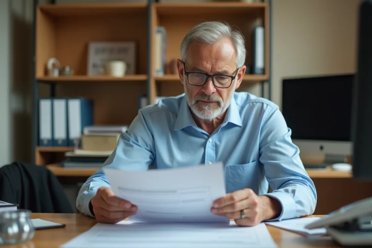 Homme consultant des documents administratifs pour l'homologation d'un trike à son bureau