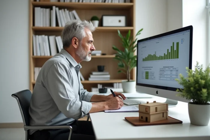 Investisseur immobilier analysant des données financières dans un bureau à domicile moderne