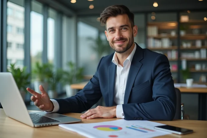 Jeune entrepreneur en costume devant un graphique de croissance