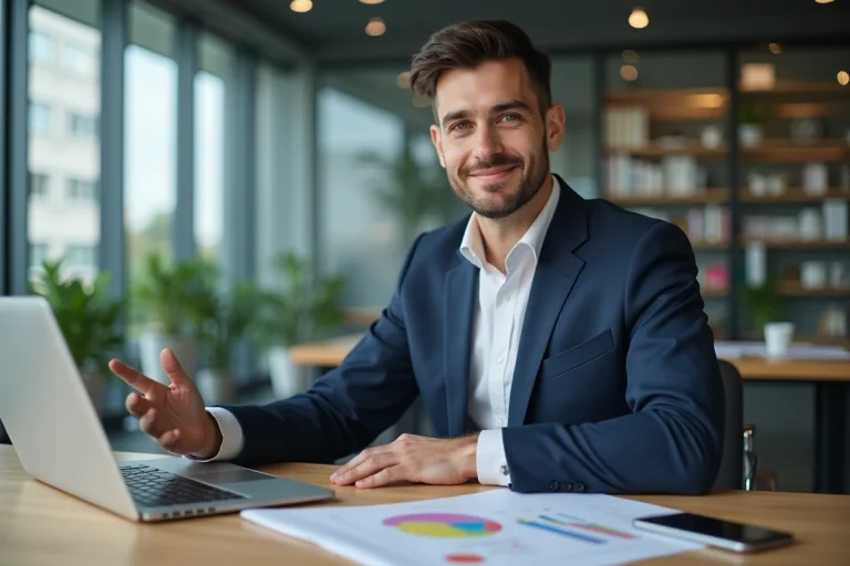 Jeune entrepreneur en costume devant un graphique de croissance