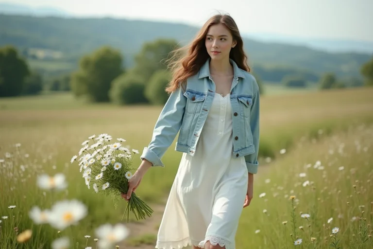 Jeune femme dans un champ de fleurs avec un bouquet de marguerites