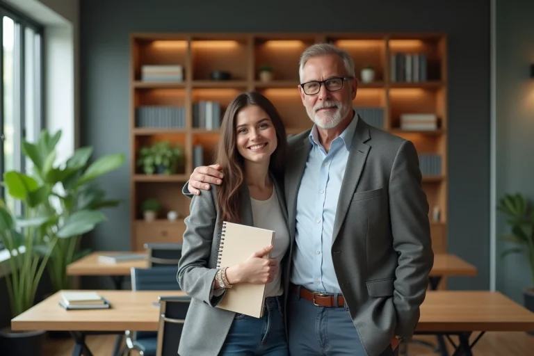Jeune femme avec mentor dans un bureau moderne