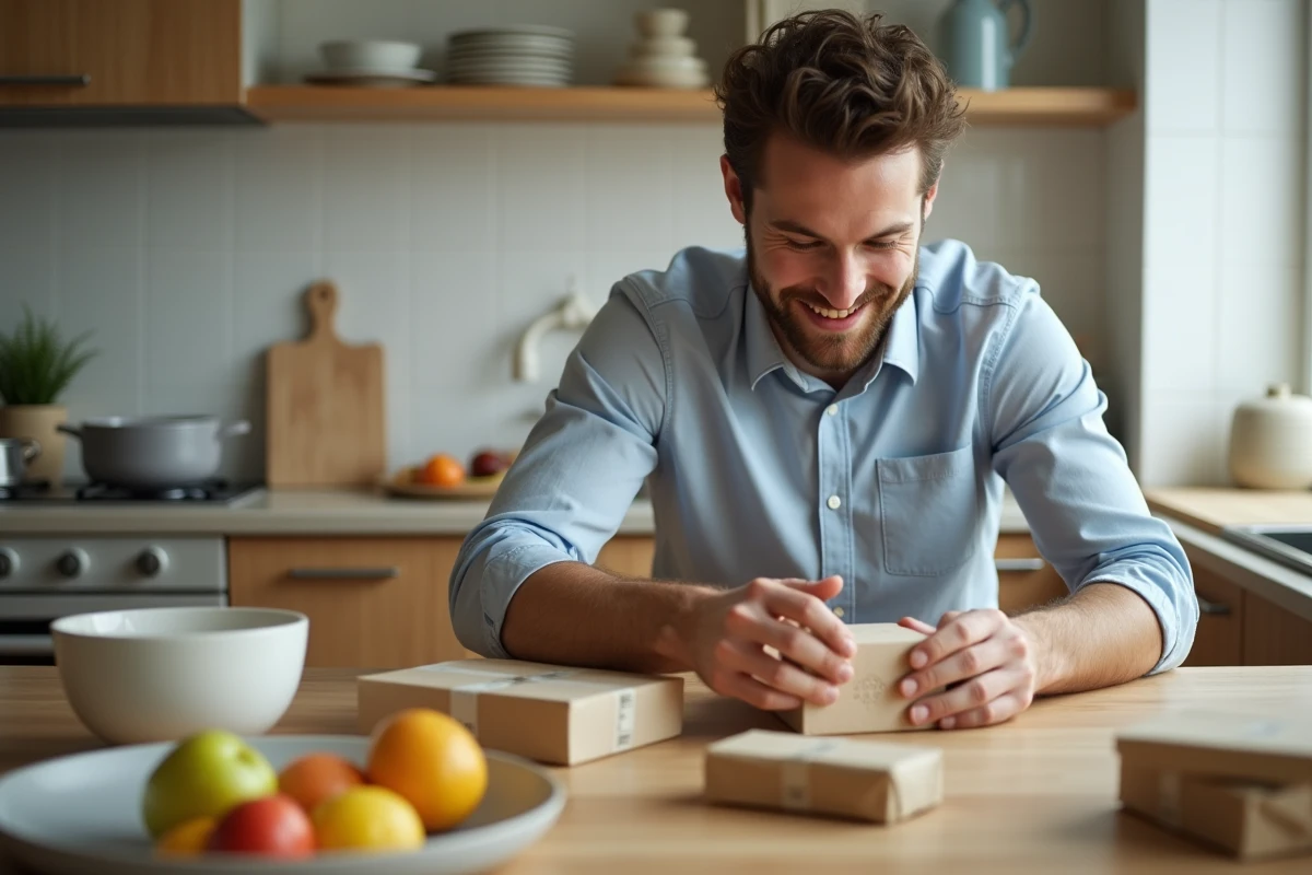 Jeune homme déballant un colis dans la cuisine lumineuse