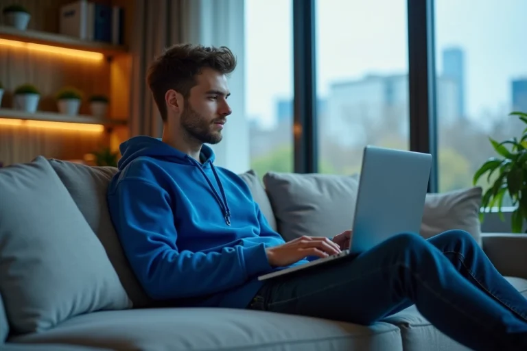 Jeune homme regardant un match de football sur son ordinateur