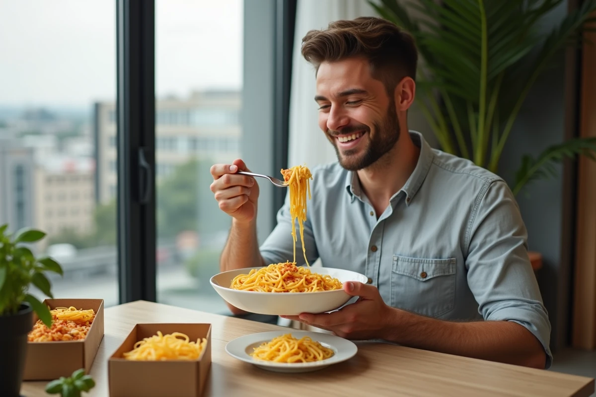 Jeune homme dégustant des pâtes dans un intérieur contemporain