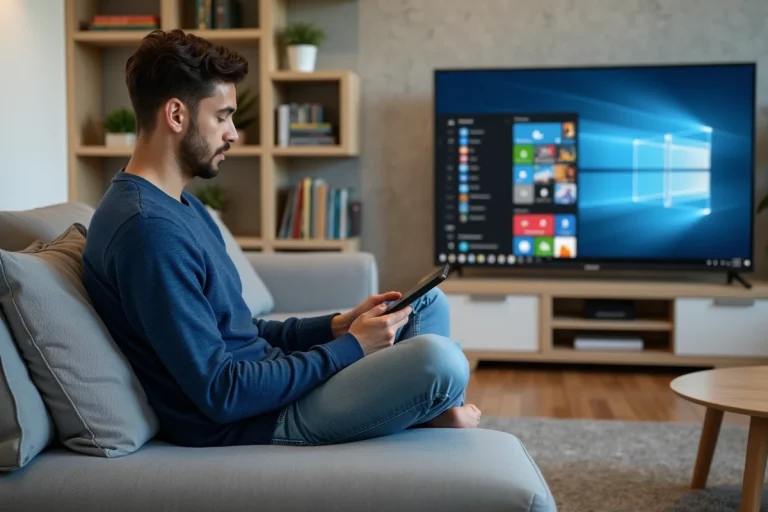 Jeune homme regardant la télé connectée avec concentration