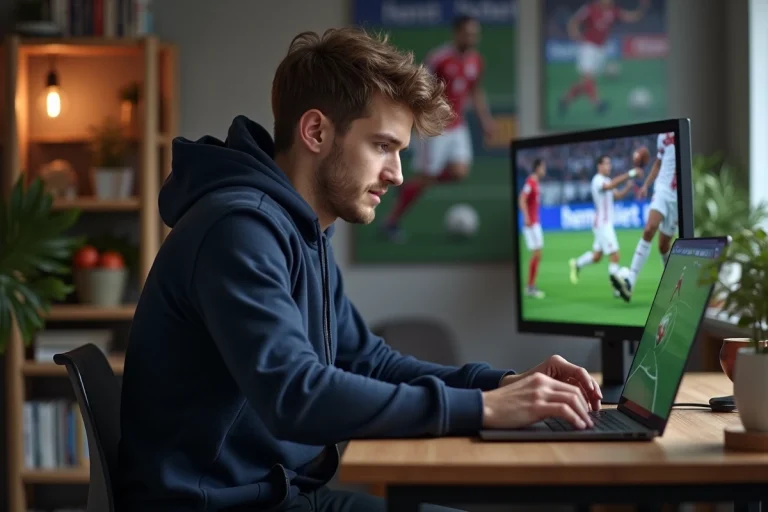 Jeune homme regardant un site de streaming sportif sur son ordinateur portable