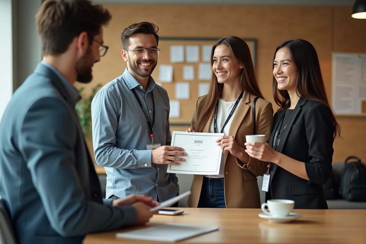 Jeunes stagiaires recevant un certificat en entreprise
