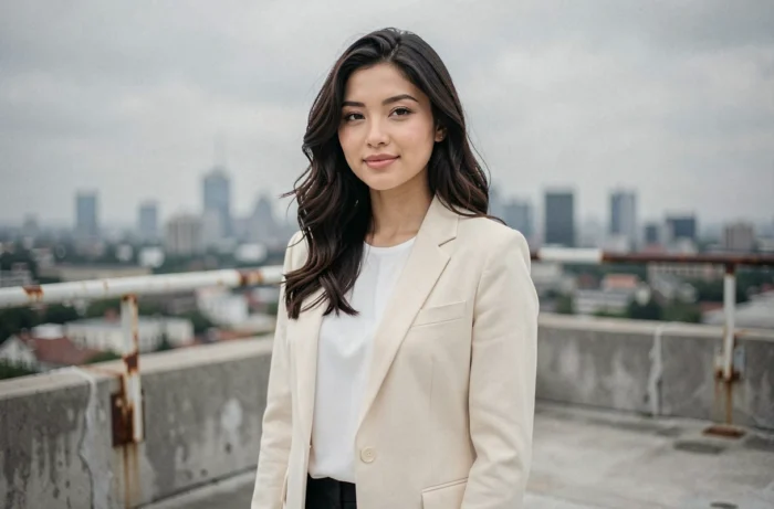 Portrait en extérieur d'une jeune femme talentueuse sur un rooftop urbain, incarnant l'image d'une star montante du divertissement