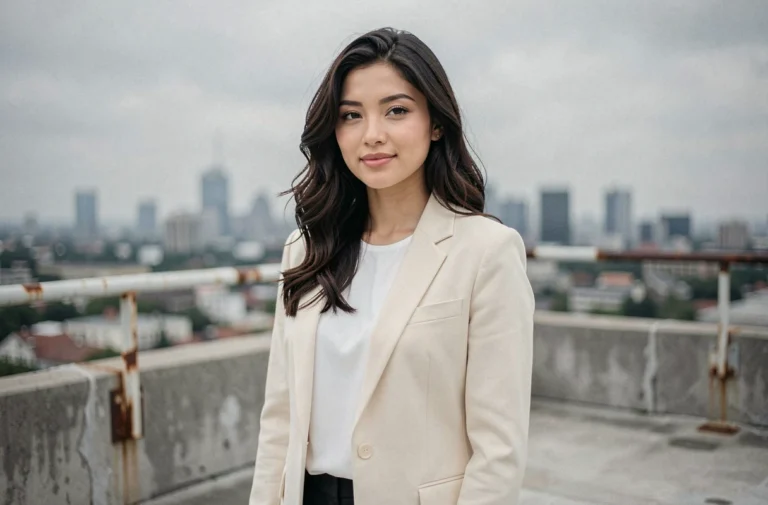 Portrait en extérieur d'une jeune femme talentueuse sur un rooftop urbain, incarnant l'image d'une star montante du divertissement
