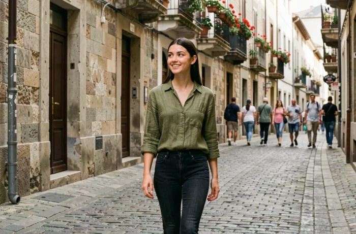 Jeune femme étoile montante marchant dans une rue pavée historique européenne, capturée dans un style reportage naturel et authentique