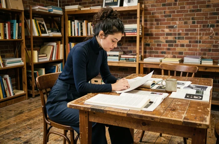 Jeune actrice prometteuse en pleine répétition dans un studio aux murs en briques, entourée de scripts et de notes de travail