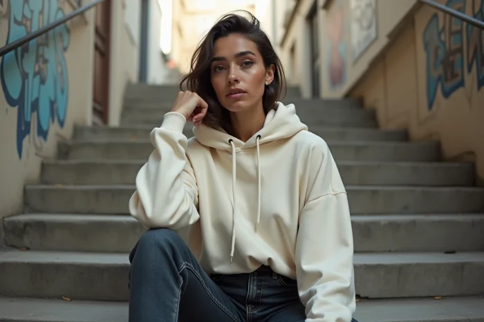 Jeune chanteuse française assise sur des marches urbaines à Paris dans une tenue décontractée, ambiance street authentique