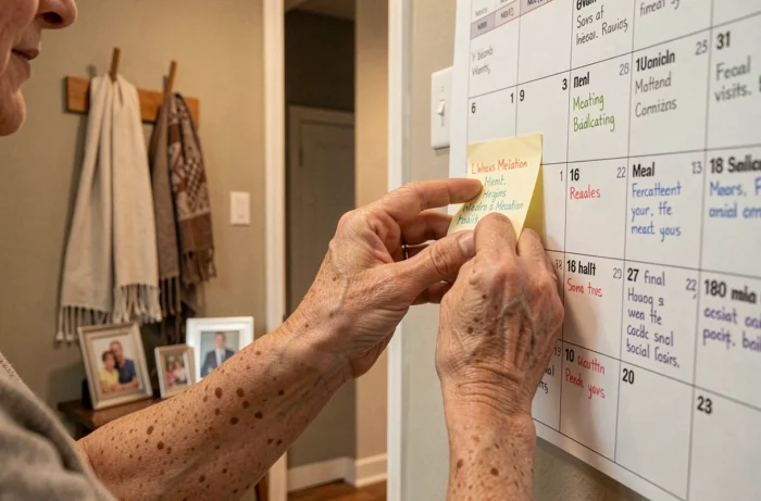 Mains de personne âgée qui organise un calendrier mural avec rappels quotidiens pour maintien à domicile