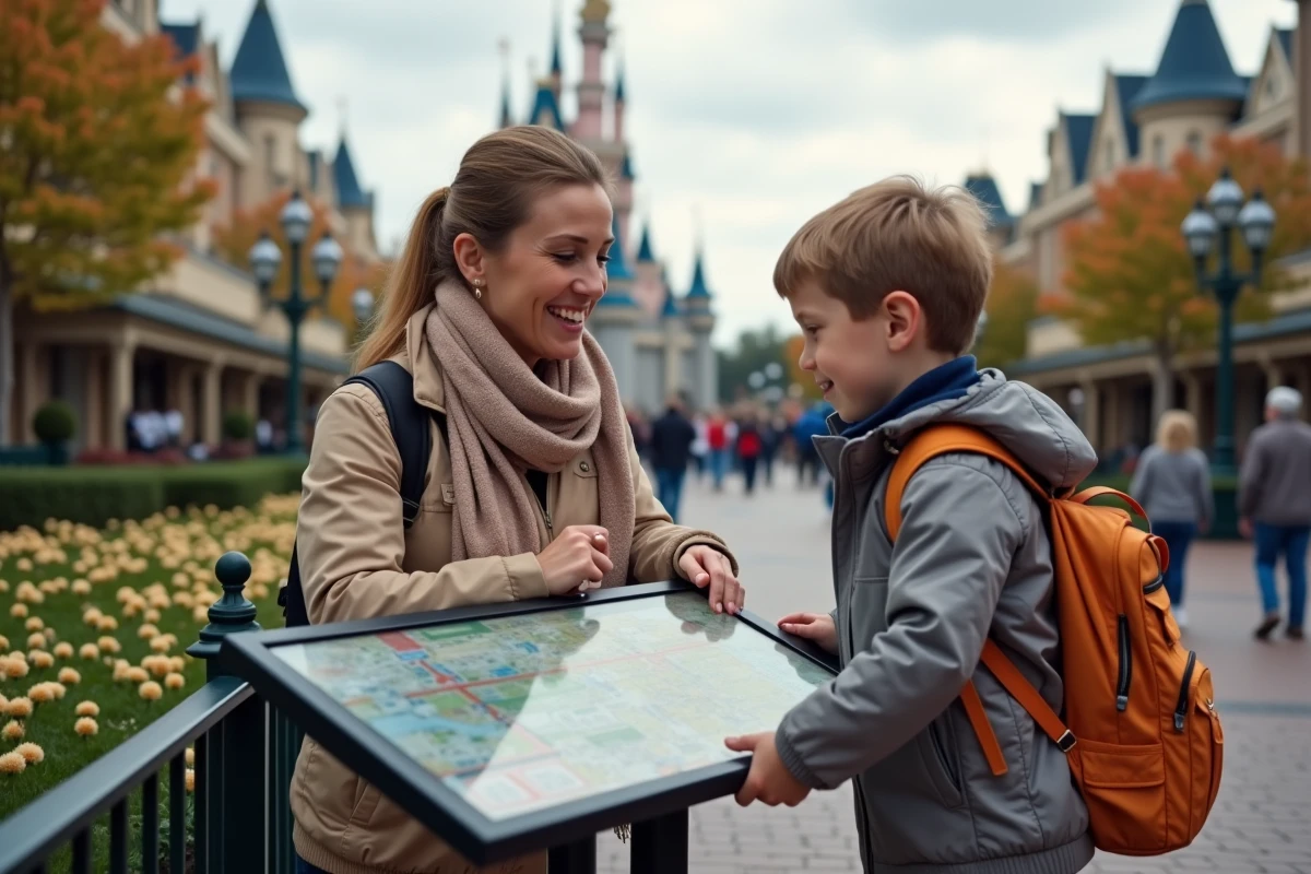 Maman souriante avec son fils regardant la carte du parc