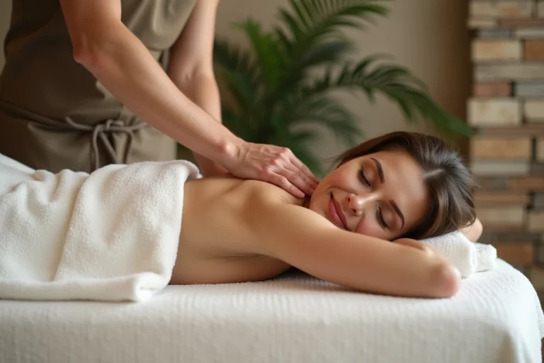 Femme détendue recevant un massage dans un spa moderne