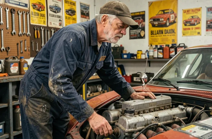 Mécanicien expérimenté inspectant le moteur d'une voiture de sport italienne classique des années 1970 dans un garage authentique