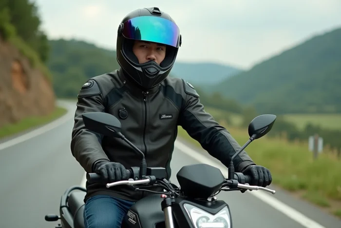 Giovane motociclista con equipaggiamento completo seduto su una Benda Avengers 125 durante una pausa su una strada di campagna
