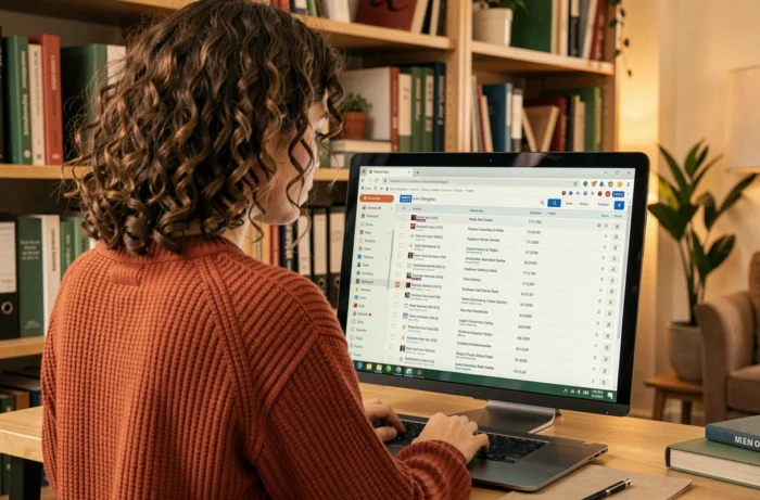Jeune femme parcourant la liste des pages d'un site web dans un navigateur depuis un bureau debout en studio