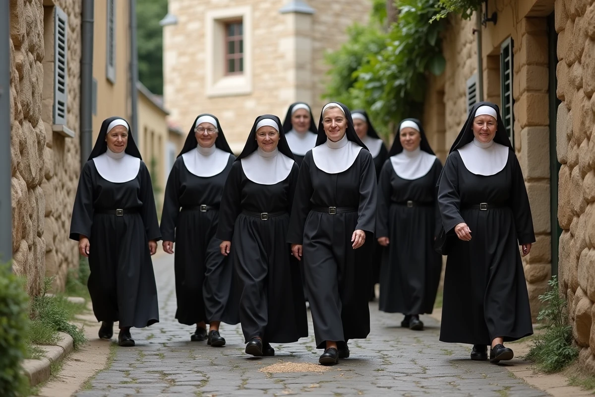 Soeurs marchant dans un village français calme