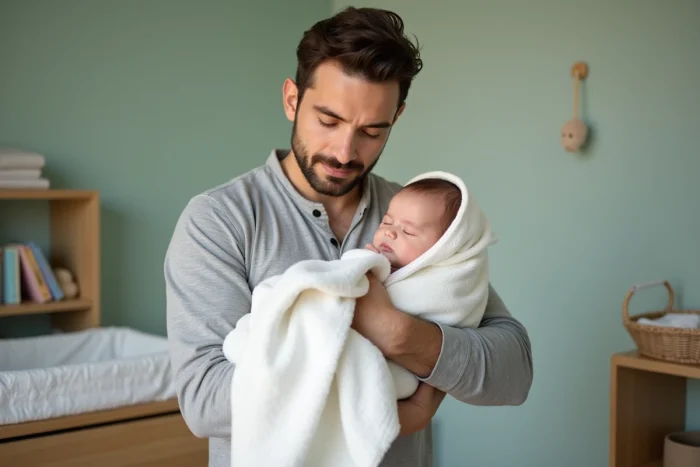 Père enveloppant son bébé endormi dans une serviette à capuche blanche après le bain, bébé somnolent et détendu dans la chambre de bébé
