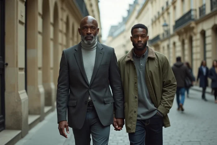 Un père et son fils marchant côte à côte sur un trottoir parisien, photographiés dans un style éditorial urbain
