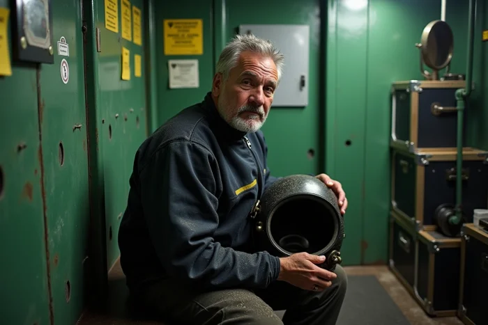 Plongeur offshore retirant son casque de plongée dans le vestiaire d'une plateforme pétrolière après une inspection sous-marine