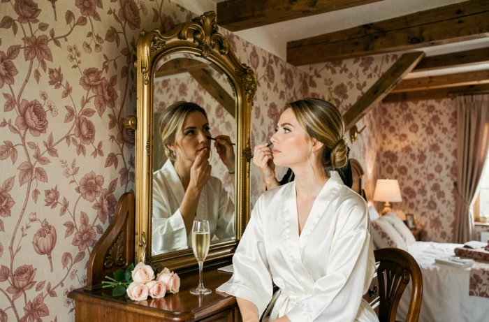 Préparatifs de la mariée avec une maquilleuse dans une chambre d'hôtel vintage au décor floral