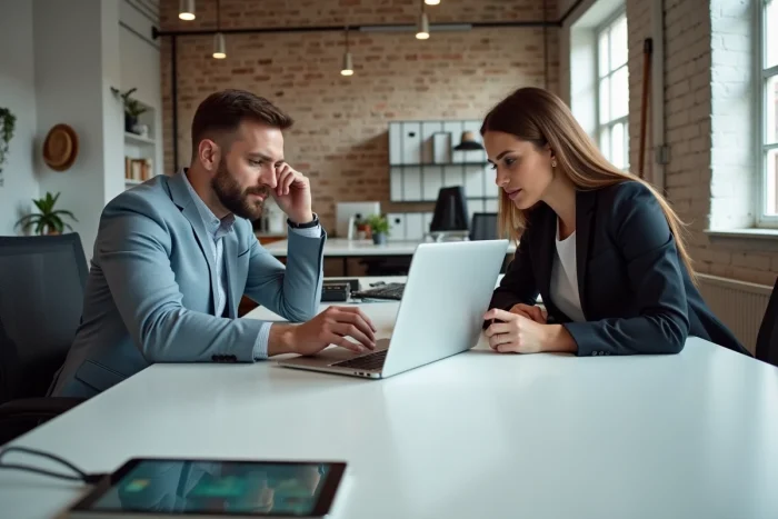 Due professionisti che analizzano dati su laptop e tablet in uno studio di innovazione