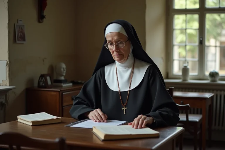 Soeur religieuse en prière dans un bureau de couvent