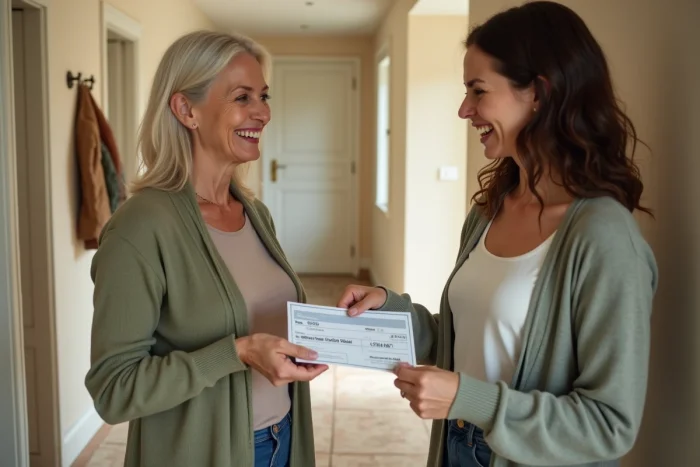 Une employeuse remettant un chèque CESU à son aide à domicile dans l'entrée d'un appartement français