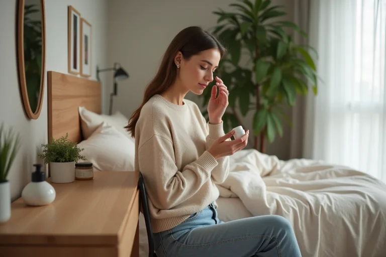 Femme appliquant une creme visage dans un cadre serein