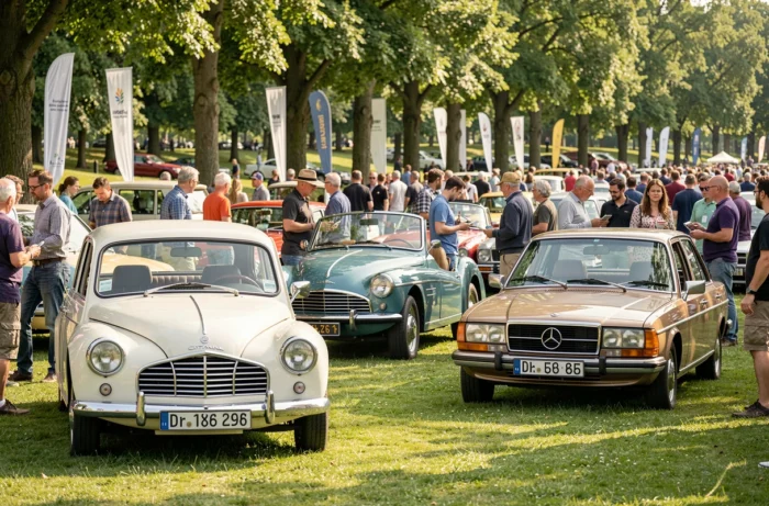 Salon de voitures anciennes en plein air avec des modèles d'époque des années 1950 aux années 1970 et des passionnés réunis dans un parc