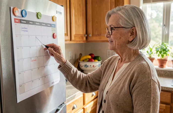 Senior femme retraite consulte son planning Logisfil hebdomadaire affiché sur le réfrigérateur dans sa cuisine
