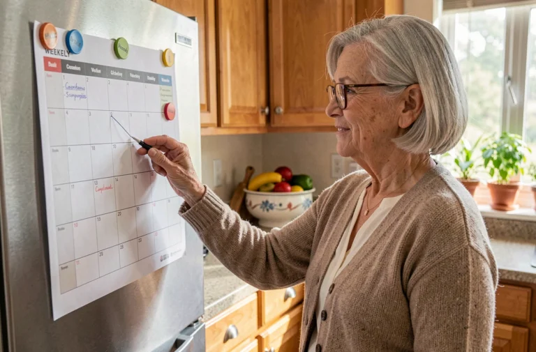 Senior femme retraite consulte son planning Logisfil hebdomadaire affiché sur le réfrigérateur dans sa cuisine
