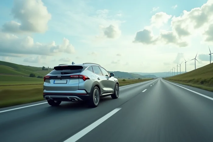 Voiture hybride SUV roulant sur autoroute en France avec paysage vert et éoliennes en arrière-plan symbolisant l'éco-conduite