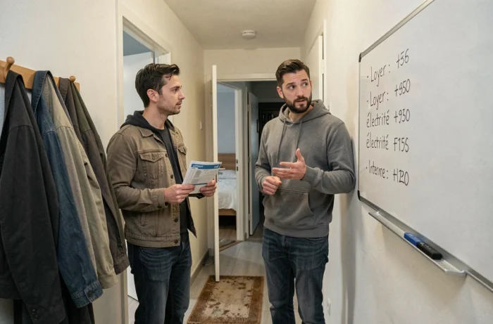 Deux colocataires discutent devant un tableau blanc affichant la répartition des dépenses communes comme le loyer et les charges dans leur appartement partagé